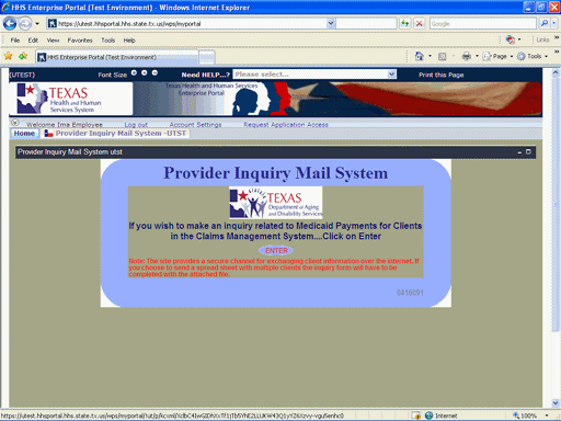 Screenshot of Provider Inquiry Mail System home page